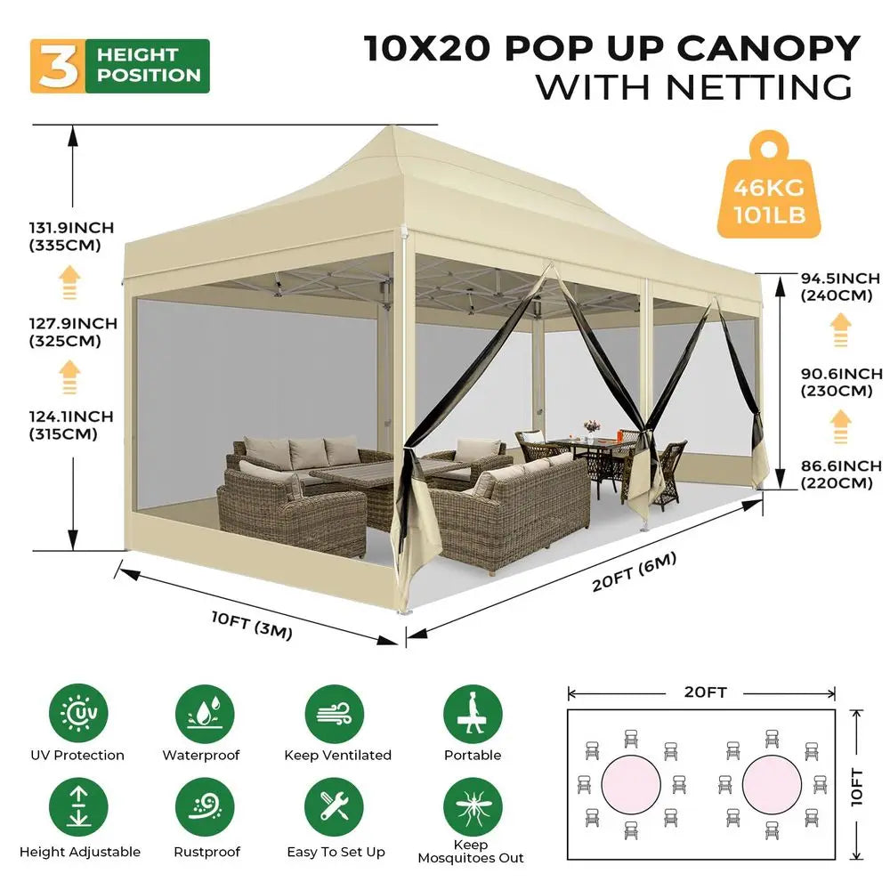 10x20 Heavy Duty Pop  Canopy Tent with 6 Sidewalls, Easy Set  Outdoor Waterproof Screen Commercial Party Tent with Mosquito