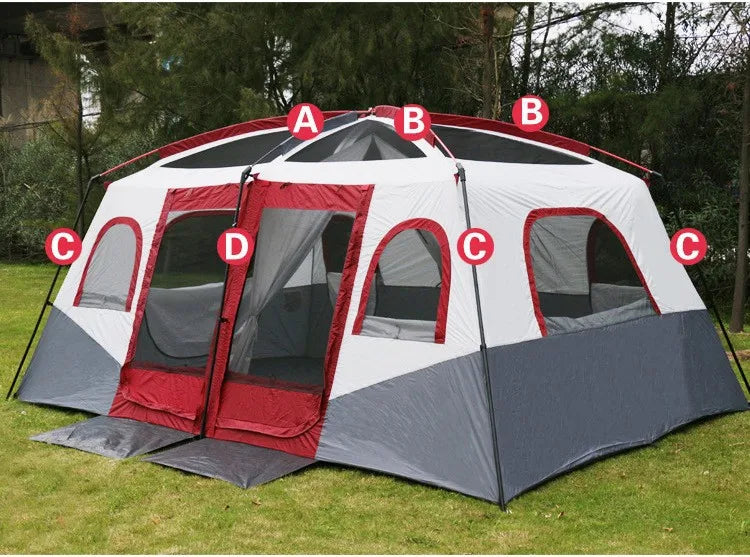 2026New Outdoor 8-12 People Double Rain And Sun Protection Family Road Trip Picnic Camping Two Rooms Tent