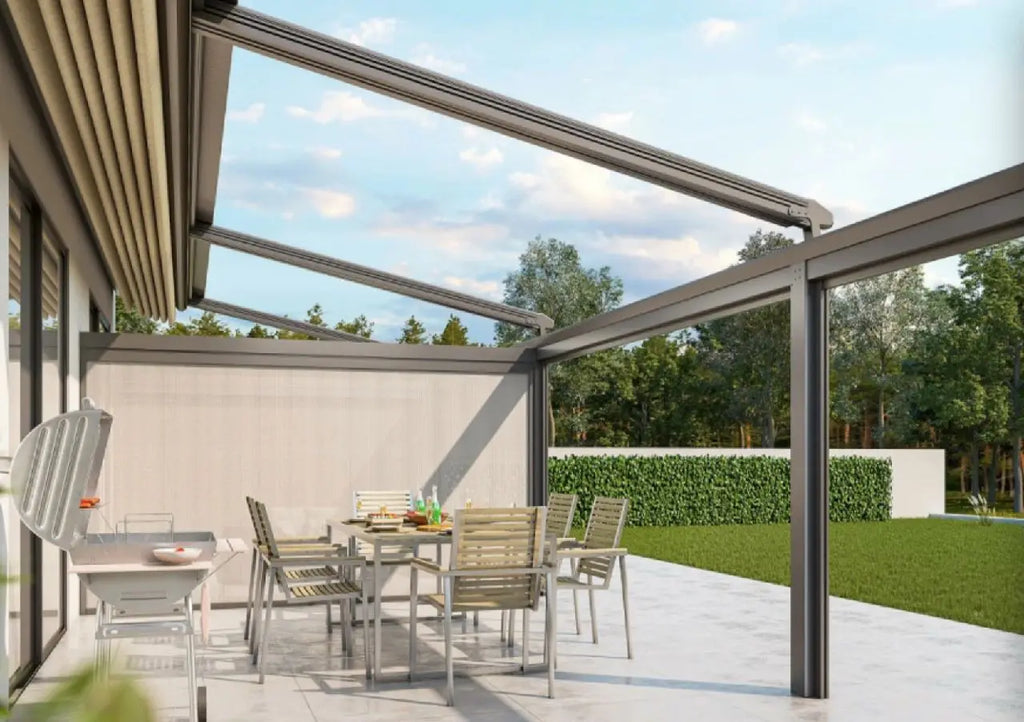 Modern Motorized Folding Canopy LED Light Pergola Aluminum Frame Outdoor Sun Shade Conservatory Awning Retractable Roof Gazebos