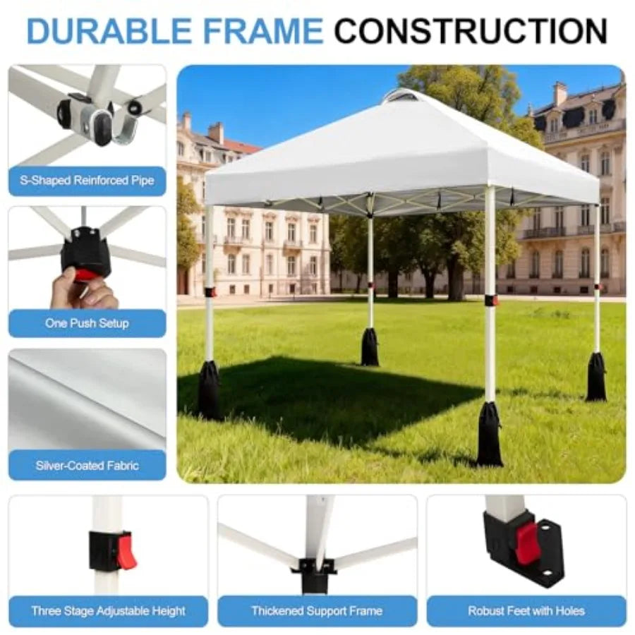 Outdoor event canopy tent: white polyester, 10x10 ft, 1-button push setup, adjustable height, portable roller bag 4 weight bags