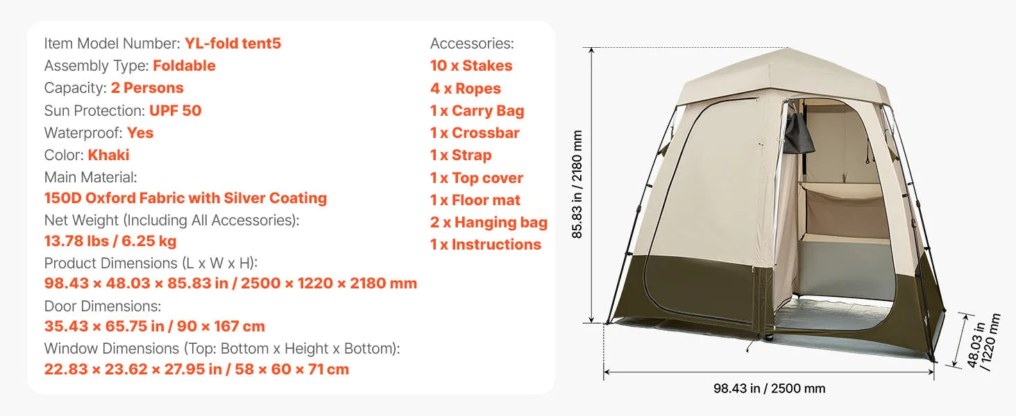SucceBuy Camping Shower Tent 1 Room Foldable Privacy Tent Changing Room with Ground Stakes Ropes Carry Bag and Crossbar