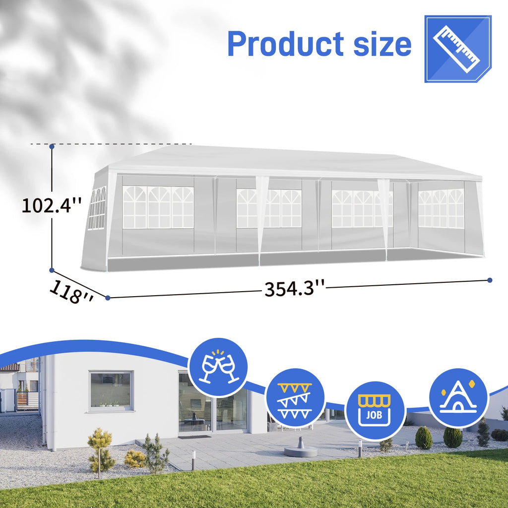 Tente de réception blanche 10'x30' avec 8 parois latérales amovibles, en tissu PE et structure en fer, gazebo d'extérieur imperméable avec fenêtres pour mariages, événements en plein air, abri de patio