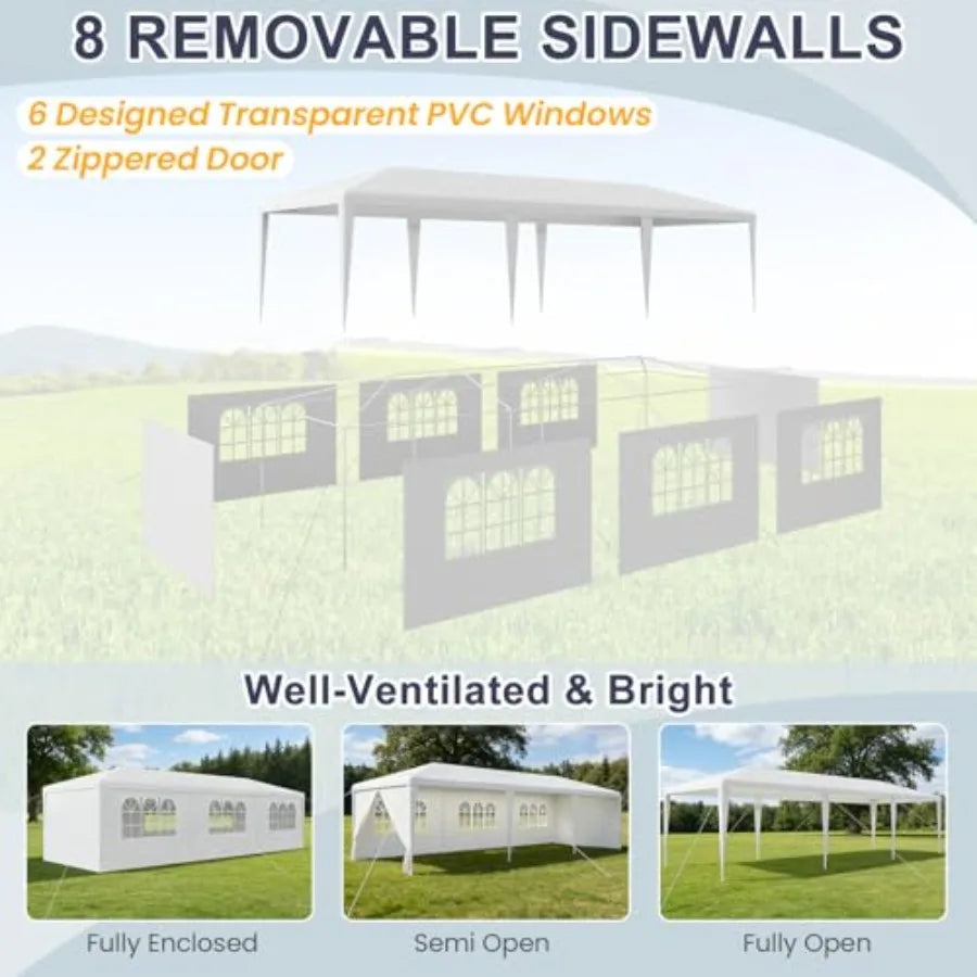 10x30 Party Tent with Sidewalls for Wedding, Party, Event Backyard Heavy Duty Waterproof PE Canopy, White, Steel Frame, 6 Remov