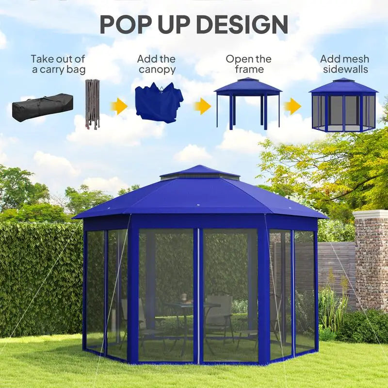 Abri de jardin hexagonal pliable 13' x 13' avec 6 moustiquaires zippées pour patio, jardin, mariage ou fête