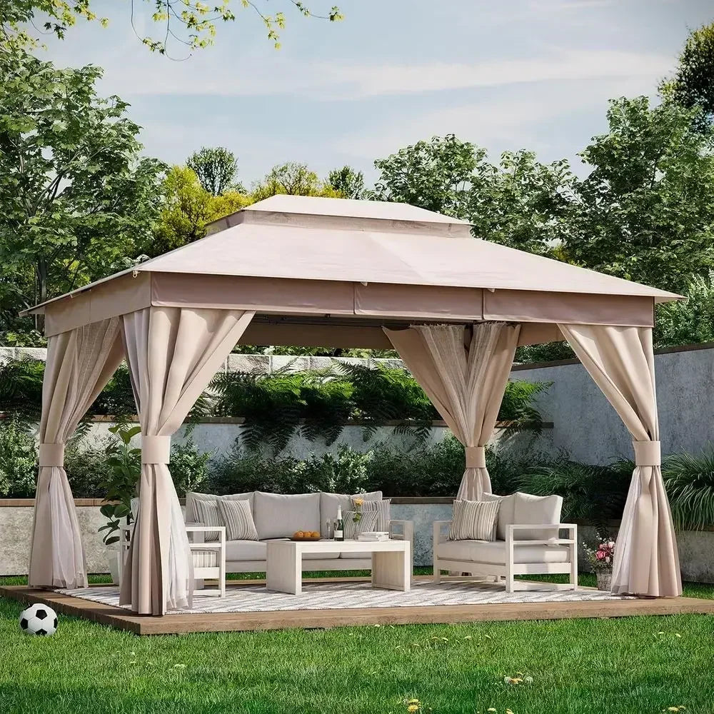 10'x13' Outdoor Gazebo with Double Roof, Mosquito Net, and Privacy for Backyard Parties and Events