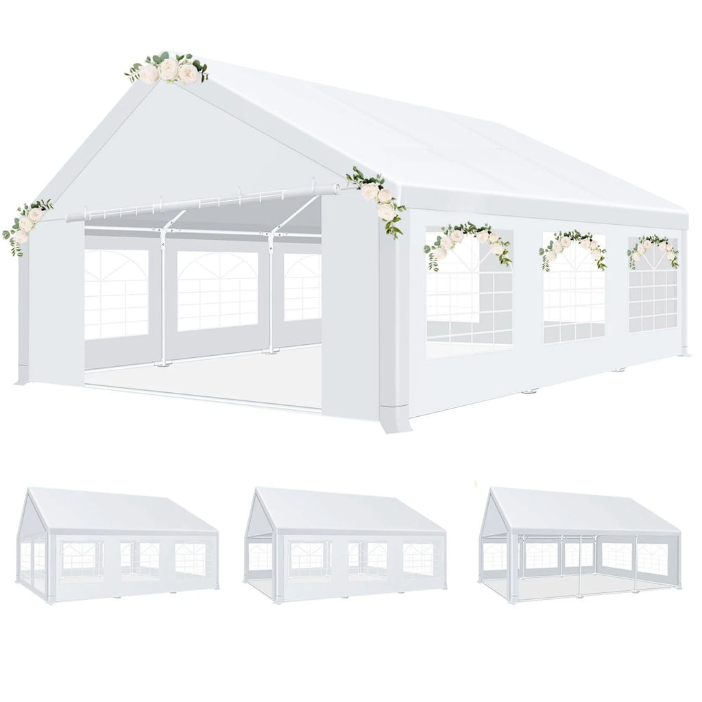 Tente de réception 20x20 pieds, robuste, avec auvent, abri de banquet, chapiteau, 4 parois latérales amovibles, 4 sacs de sable intégrés, grand gazebo commercial pour mariage, pavillon blanc imperméable anti-UV 50+
