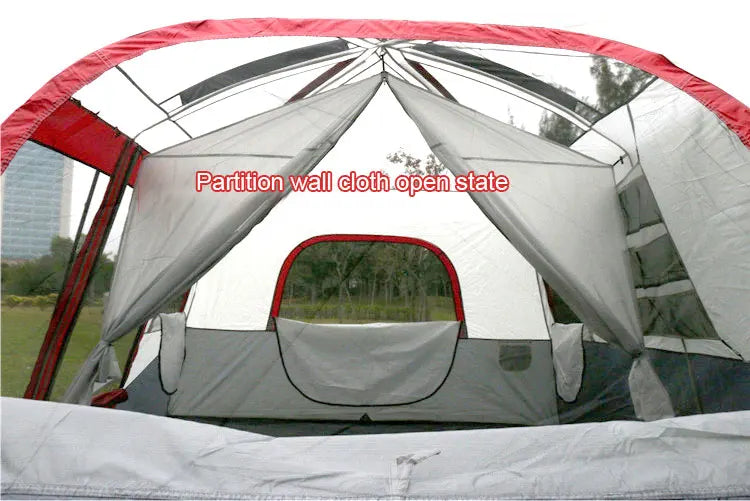 Outdoor Tent 2 Rooms Double Layer Family Camping Party 8-12 Persons Waterproof Windproof Top Rainfly Mesh Windows Portable Bag
