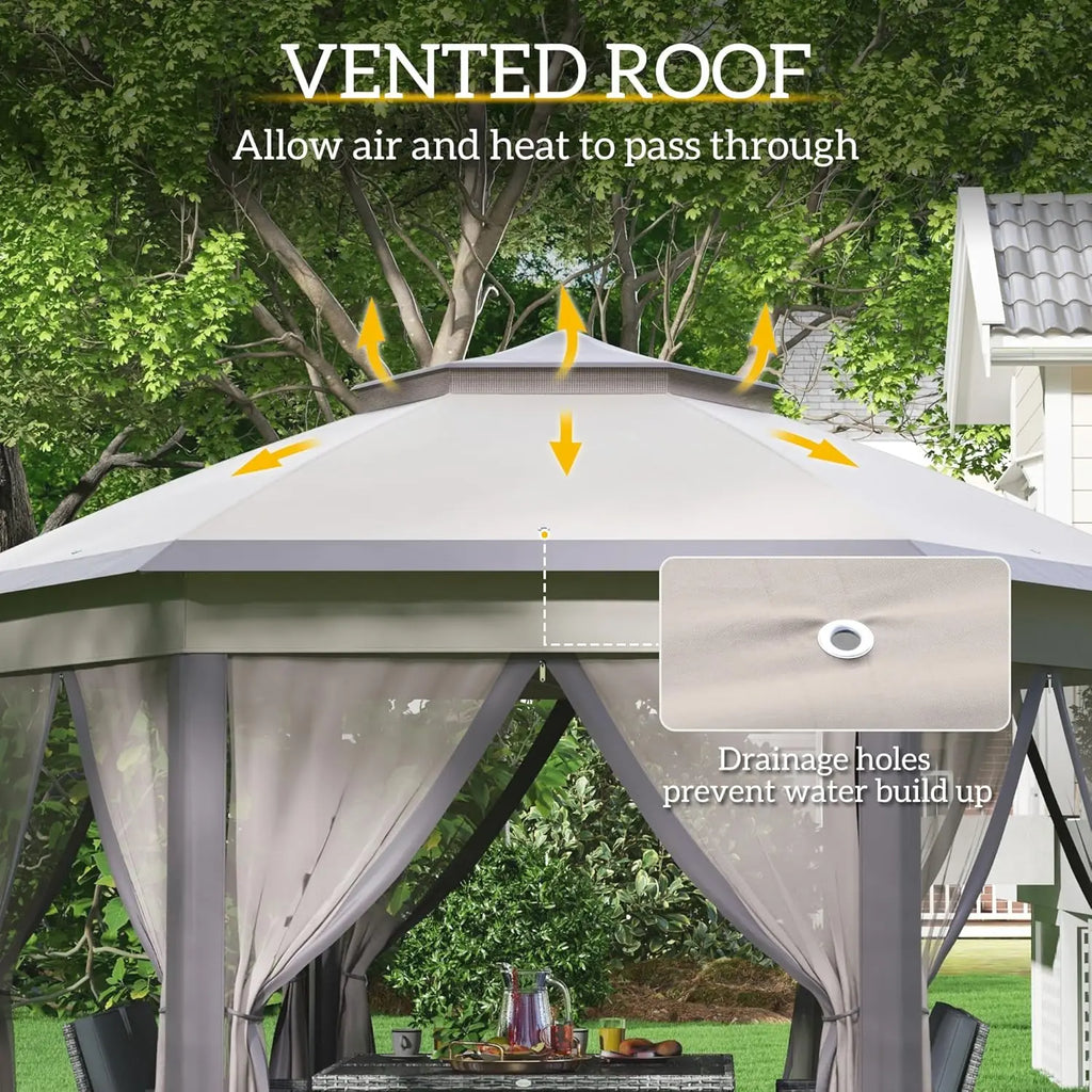 13x13ft Hexagonal Pop Up Gazebo Canopy with 6 Zippered Mesh Walls Steel Frame Patio Backyard Garden Wedding Party Tent, Custom