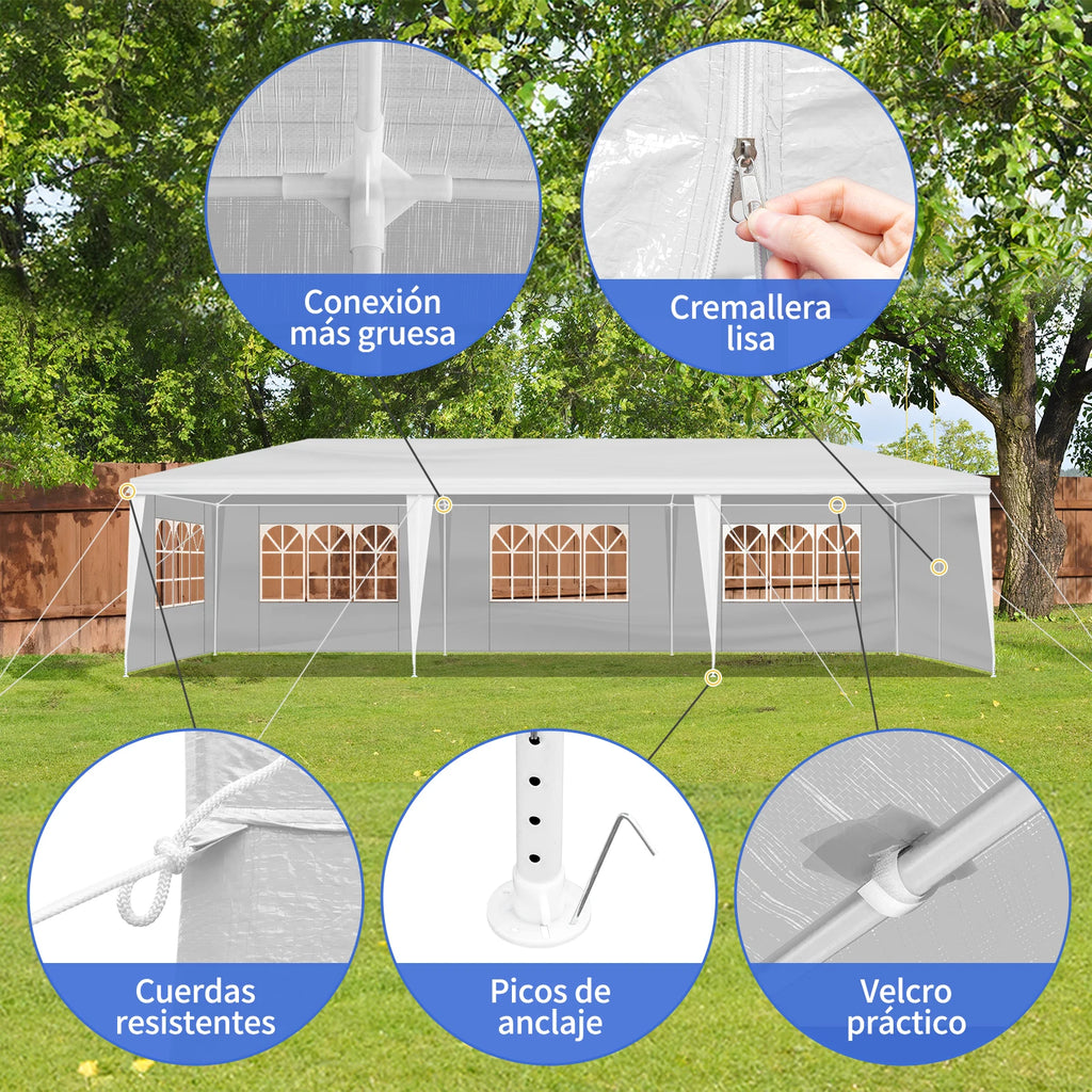 Tente de réception blanche 10'x30' avec 8 parois latérales amovibles, en tissu PE et structure en fer, gazebo d'extérieur imperméable avec fenêtres pour mariages, événements en plein air, abri de patio
