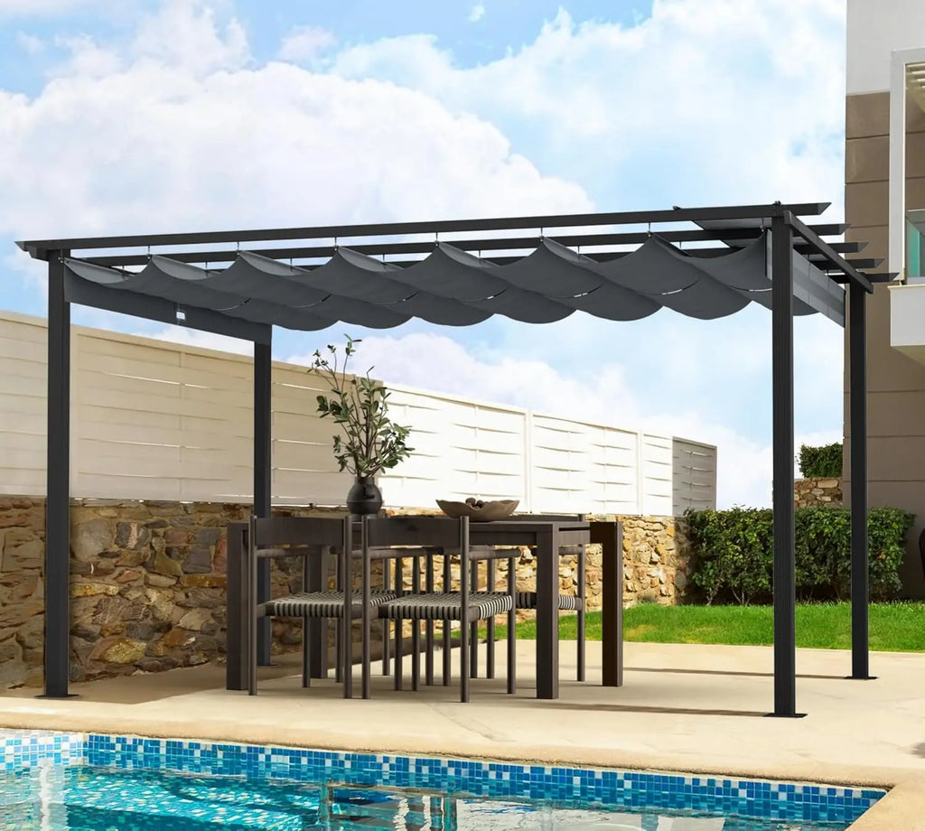 10' X 13' Outdoor Retractable Pergola Canopy for Deck, Backyard, Patio, Aluminum Pergola with Sun Canopy, Includes Ground Studs
