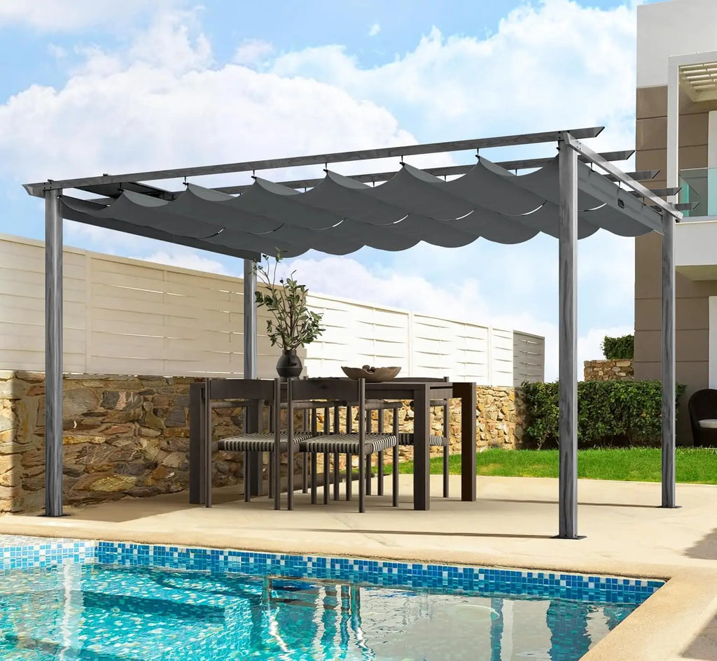 10' X 13' Outdoor Retractable Pergola Canopy for Deck, Backyard, Patio, Aluminum Pergola with Sun Canopy, Includes Ground Studs