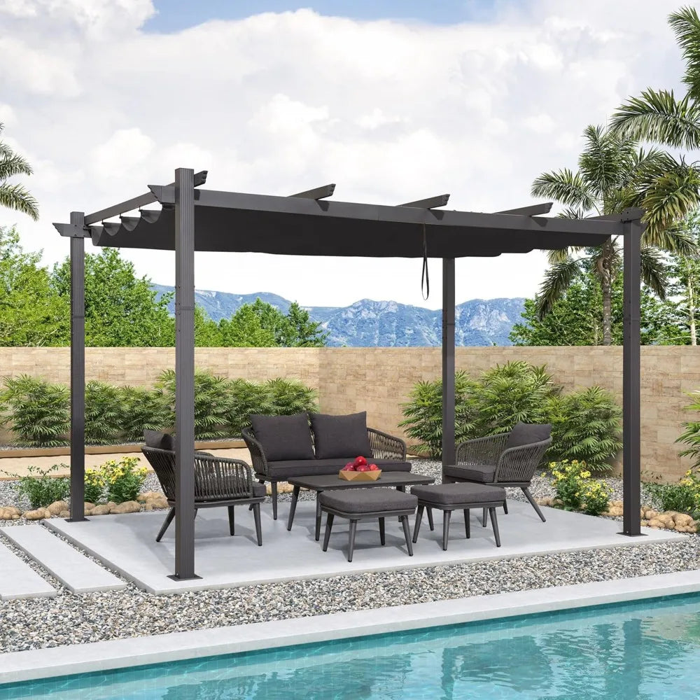 10' X 13' Outdoor Retractable Pergola with Sun Shade Canopy Patio Metal Shelter for Porch Garden Beach Pavilion