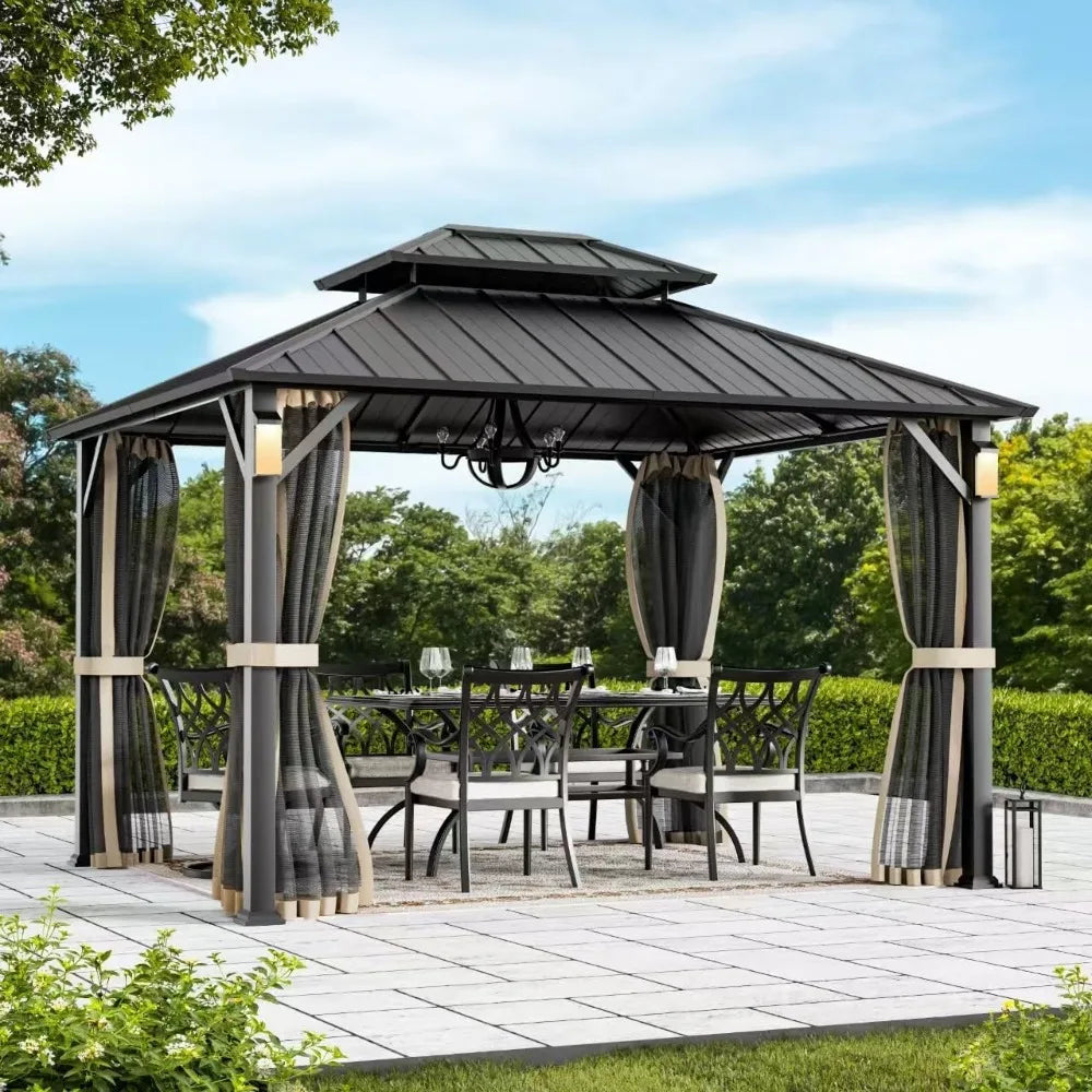 Hardtop & Permanent, Gazebo, 4 LED Lights & Galvanized Steel Frame, Modern Outdoor, 10'x12', Custom