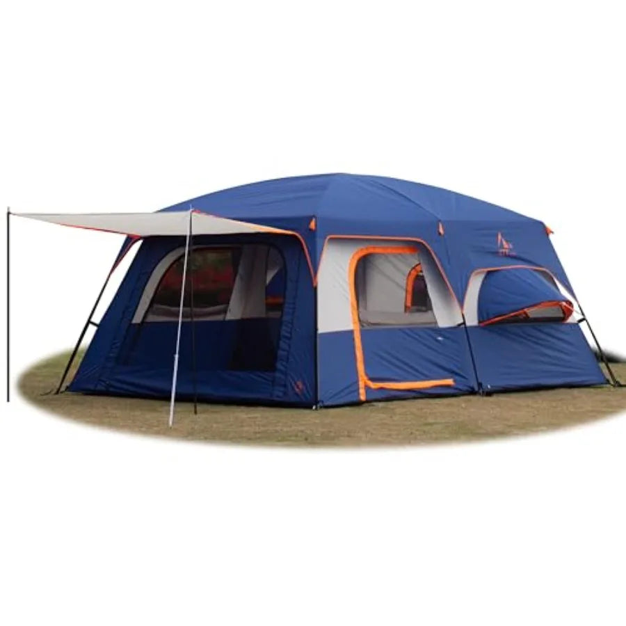 Extra Large Tent 12-14 Person, Family Cabin Tents, 2 Bay-Windows, 2 Rooms and 3 Doors 3 Windows with Mesh, Waterproof, Straight