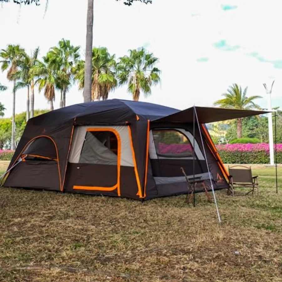 Extra Large Tent 12-14 Person, Family Cabin Tents, 2 Bay-Windows, 2 Rooms and 3 Doors 3 Windows with Mesh, Waterproof, Straight