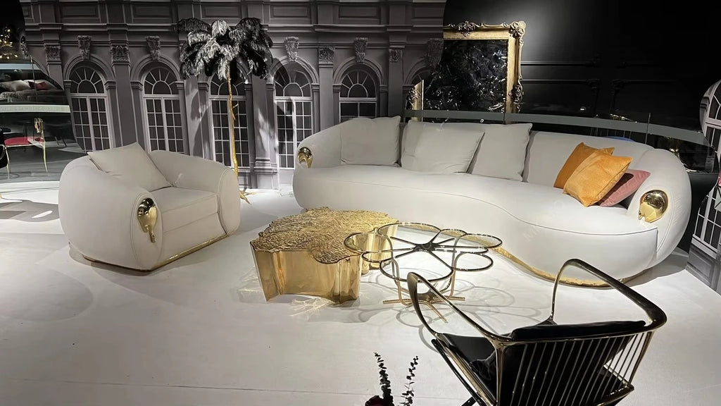 Luxury Modern Designs Living Room Furniture White Beige Hammered Brass Latest Sofa Set