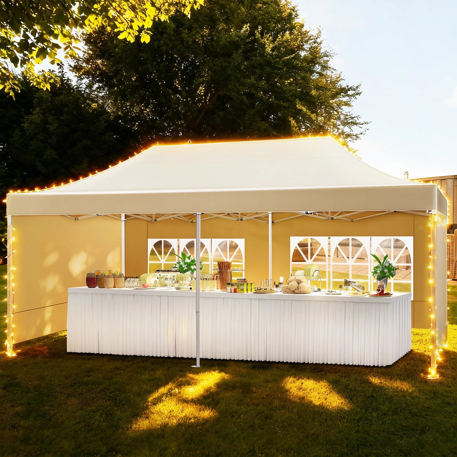 Tente à baldaquin : Tente de mariage extérieure avec fenêtres romaines - Baldaquin pliable pour fêtes dans la cour - Abri pare-soleil en tissu Oxford pour événements