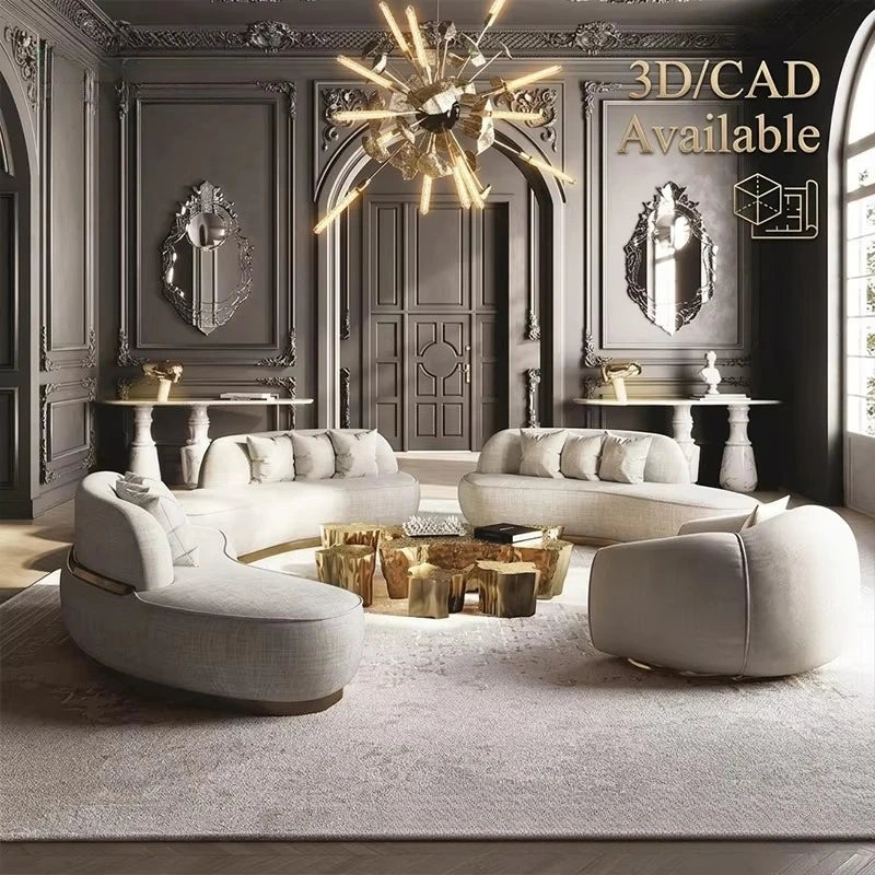 Luxurious Leisure Leather Curved Sofa with Brass Base Couch Elegance Living Room Set Villa Whole House Furniture Customization