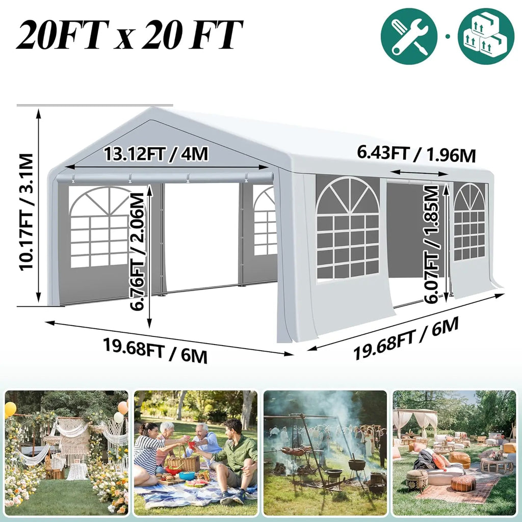 Tonnelle de réception et abri pour voiture 20' x 20' - Gazebo de mariage extérieur robuste avec 4 sacs de sable, abri événementiel, personnalisable