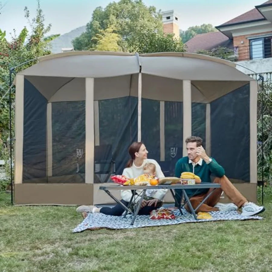 Magnetic Screen House Room 11x9ft for camping picnic, polyester mesh with silver coating, gray, hands-free entry and UV protect