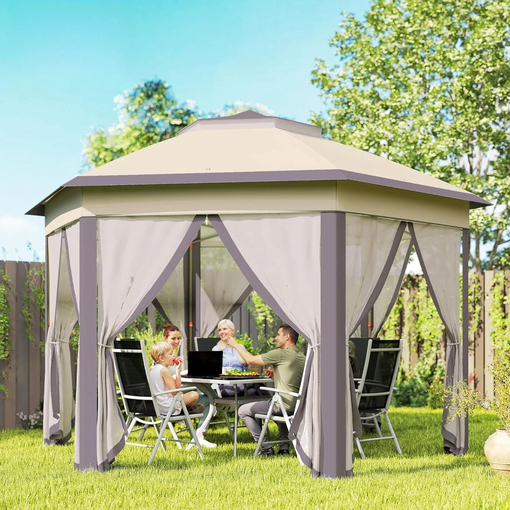 Tonnelle hexagonale pop-up 13x13 pieds avec 6 parois en maille zippées, structure en acier, pour patio, jardin, mariage, fête, personnalisable