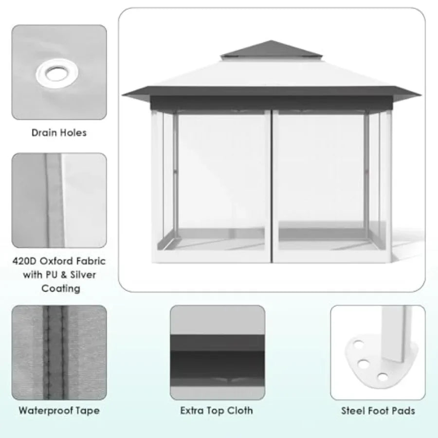 13Feet Pop Up Gazebo Outdoor   Tent w/4 Netting Sidewall Auto Extending Eave Patio Gazebos Shelter w/Mesh Wall Center Lock Whee