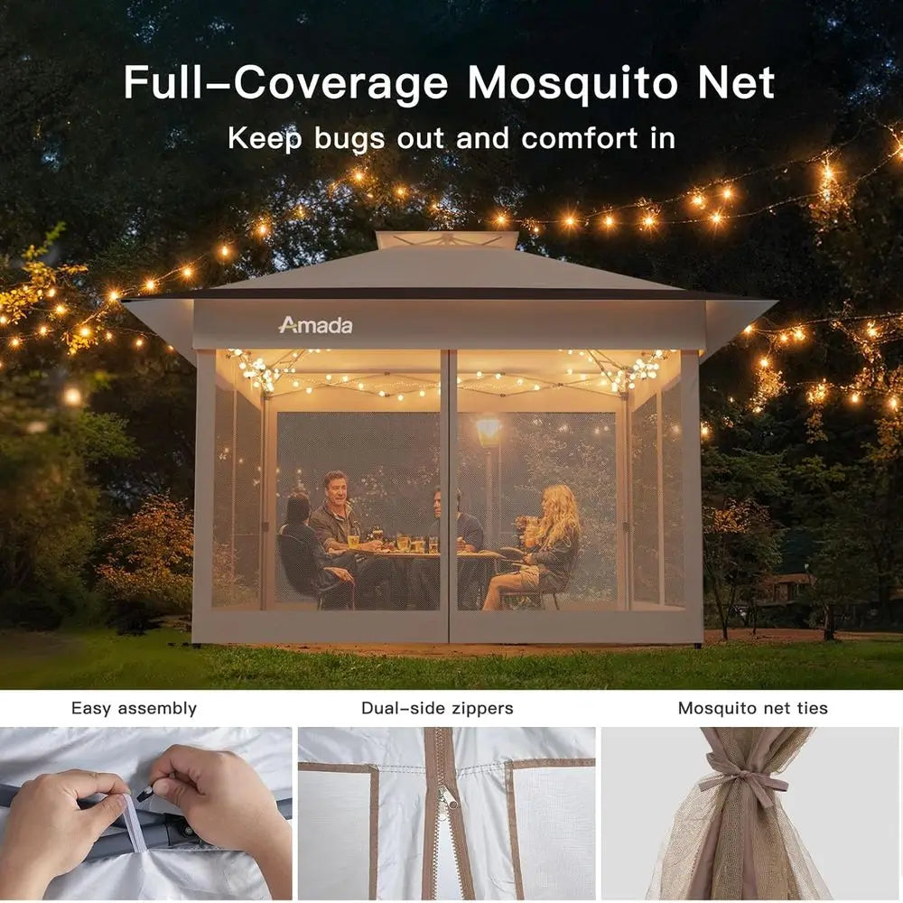 13x13 Outdoor Gazebos Clearance, Wheeled Cover Bag, Patio & Garden Shelter Tent, Khaki