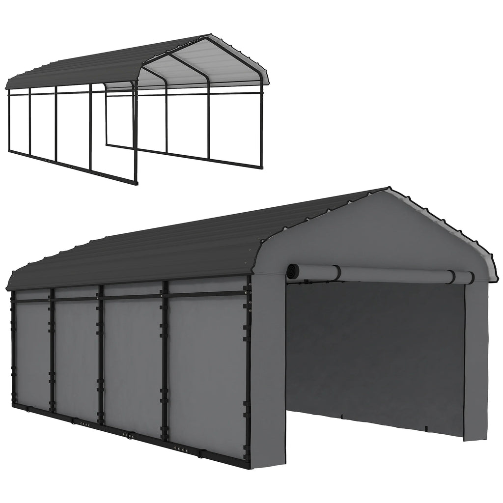 12' x 20' Metal Carport, Heavy Duty Garage Car Canopy with Galvanized Metal Roof and Removable Sidewalls, Dark Gray