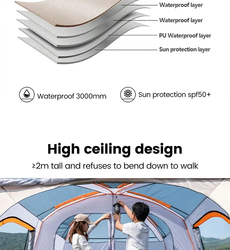 Outdoor Camping Family Tent 3-12 Person Double Layers Oversize 2 Rooms Thickened Rainproof Outdoor Family Camp Tour Equipment