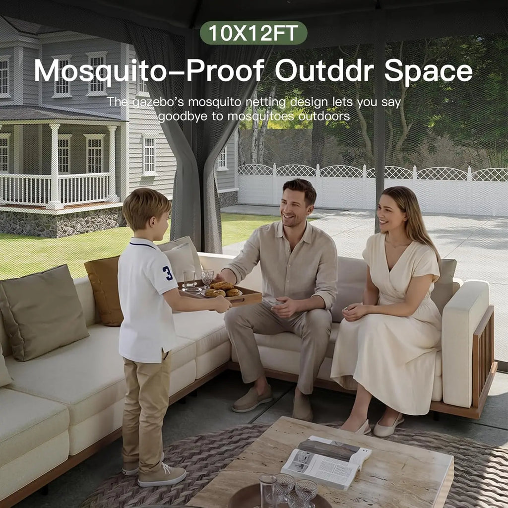 Gazebo extérieur 10x12 pieds avec ventilateur de plafond de 20 pouces, structure métallique, double toit, tente de réception robuste, personnalisable
