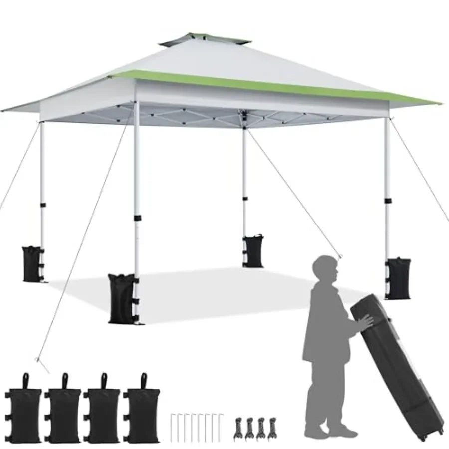 13x13 Pop Up  Tent Straight Leg Easy Single Person Set-up Folding Shelter w/Extending Eaves w/Rolling Storage Bag Sandbags for