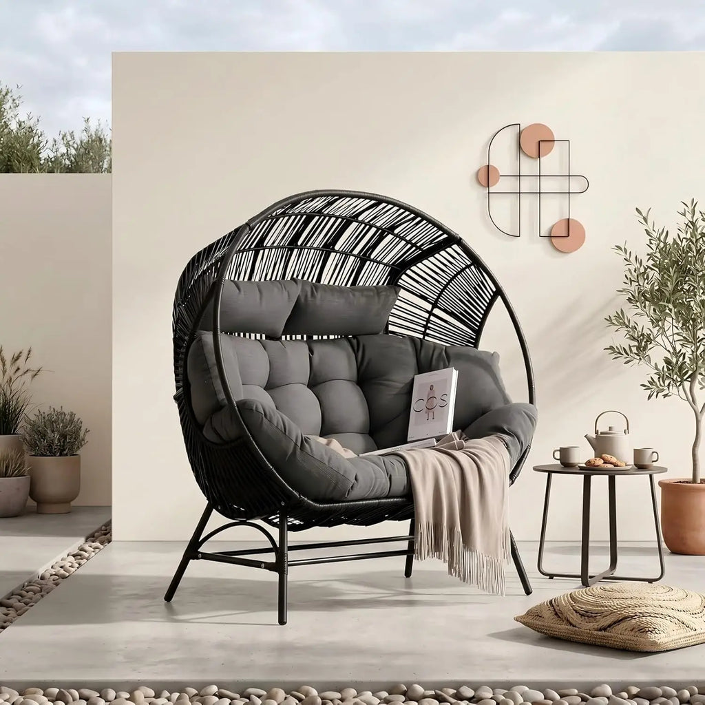 Outdoor Round Egg Chair with Armrest, Double Lounge Chair with Cushions & Headrests, Wicker Patio Backyard Seat, Black, Custom