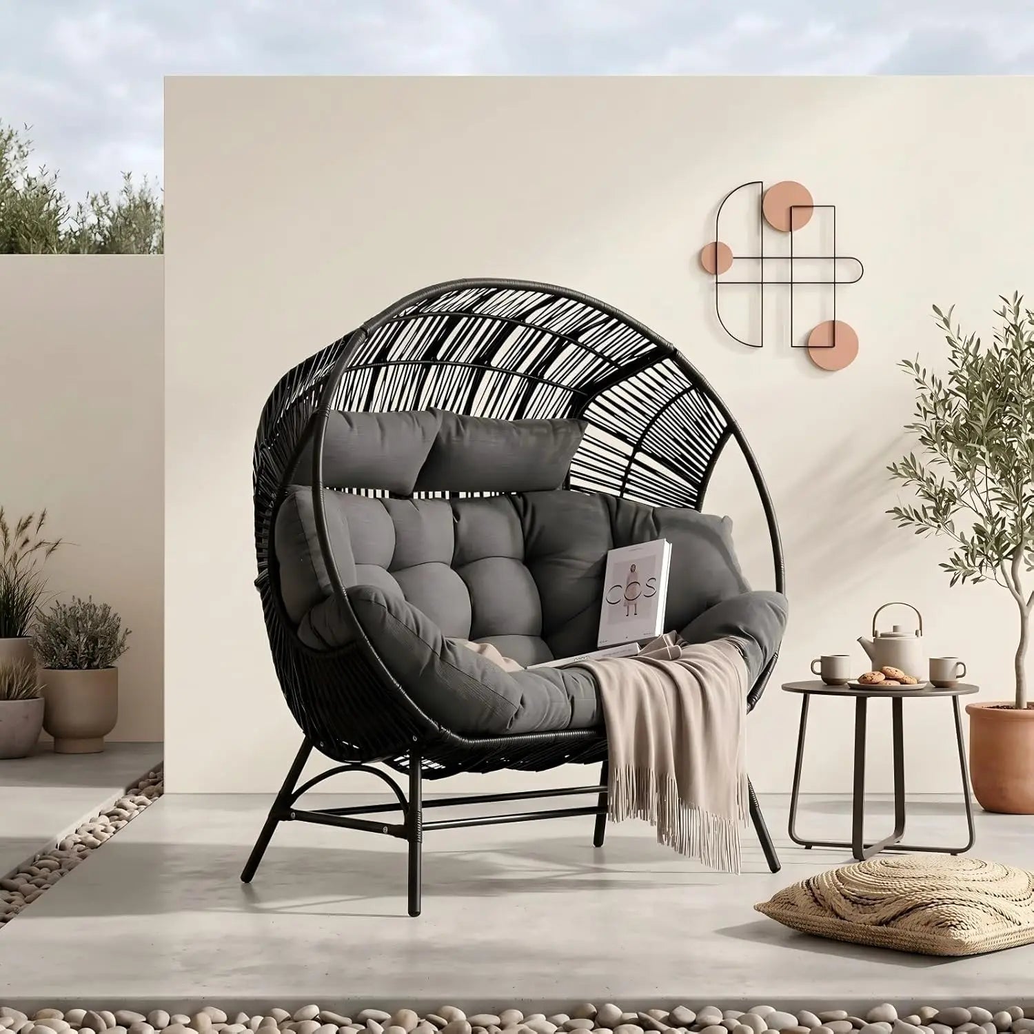 Outdoor Round Egg Chair with Armrest, Double Lounge Chair with Cushions & Headrests, Wicker Patio Backyard Seat, Black, Custom