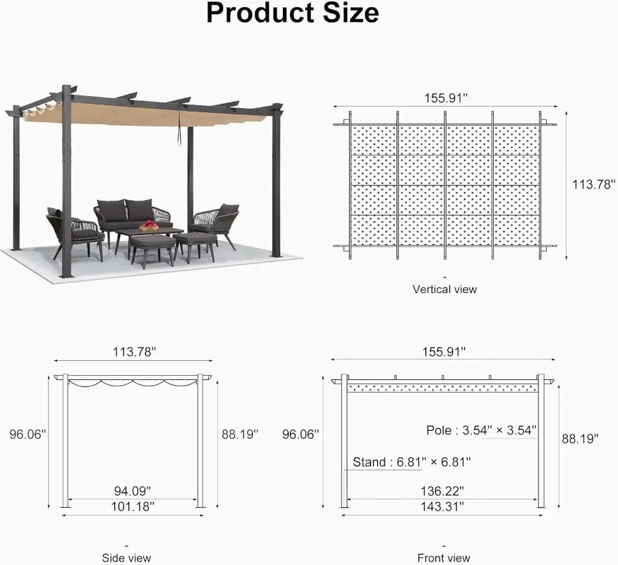 PURPLE LEAF 10' X 13' Outdoor Retractable Pergola with Sun Shade Canopy Patio Metal Shelter for Garden Porch Beach Pavilion