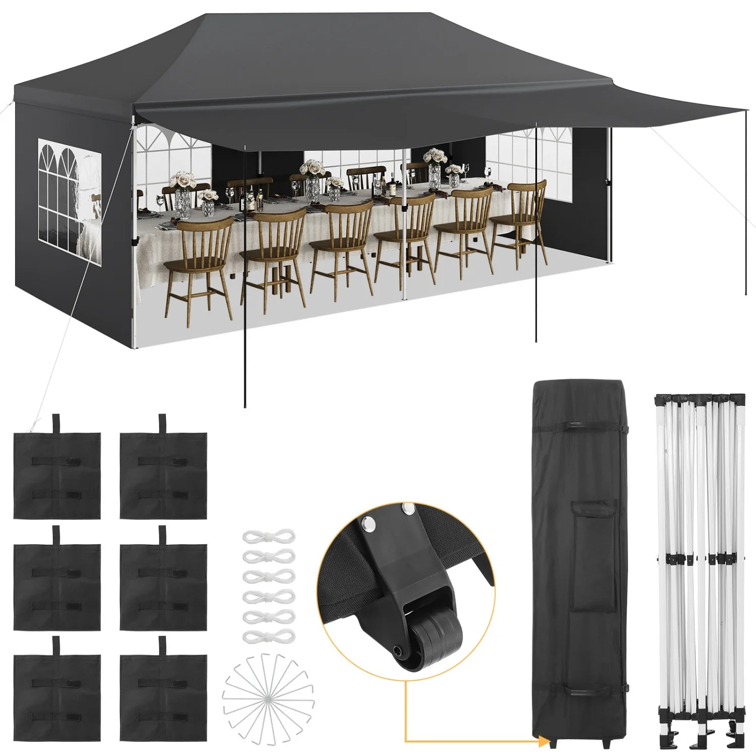 Tonnelle pliante robuste 10x20 pieds - Abri d'extérieur imperméable pour événements - Parois latérales et auvent amovibles, protection UV, pieds épaissis, sac à roulettes, 6 sacs de sable - Idéal pour les fêtes, la t