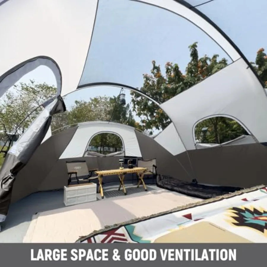 10-person camping tent for family outdoor use, polyester windproof fabric, gray-green color, quick-setup dome design