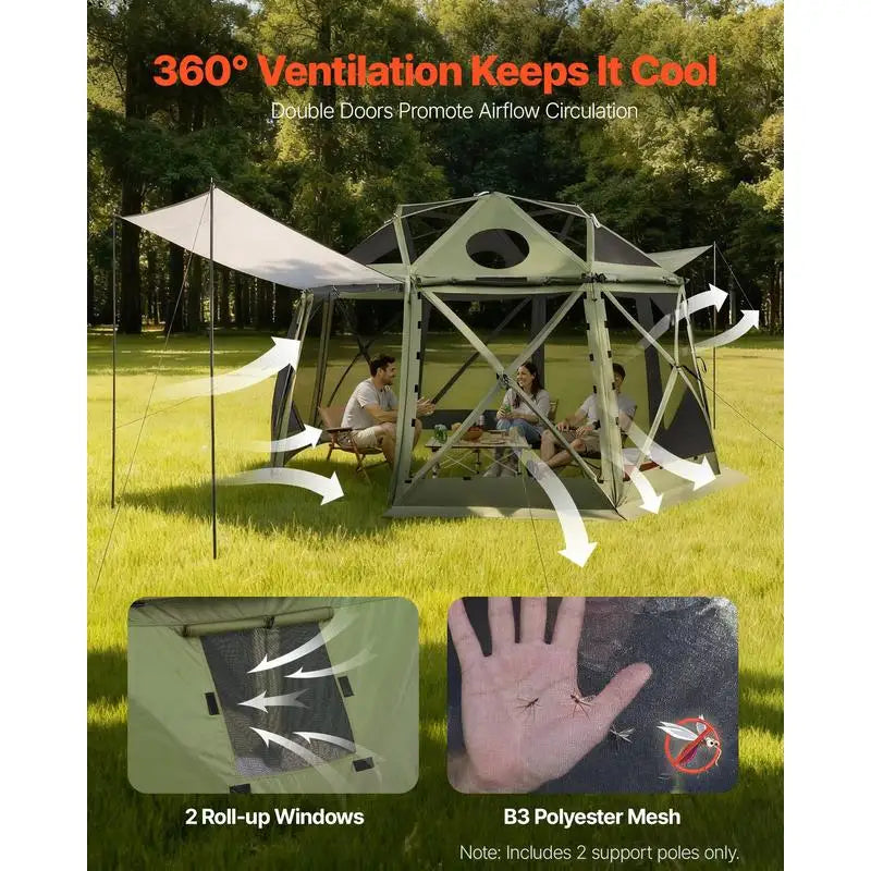 Pop up Gazebo Screen Tent, 13 x 13 ft, 13-Sided Spherical Camping Canopy Tent with Removable Top & Carry Bag, Quick-Set & Bite-Proof, Screen House Sun Shelter for 10-12 Persons, Green