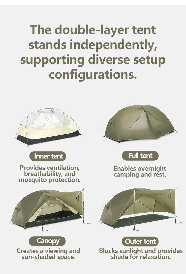 Naturehike Mongar Pro 123 Ultralight Three Season Outdoor Waterproof 20D Nylon Hiking Tent 2 Person Rucksack Camping Riding Tent
