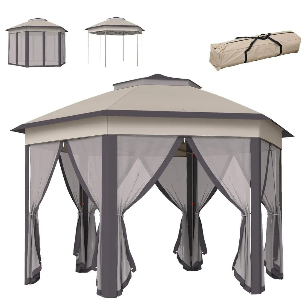 Tonnelle hexagonale pop-up 13x13 pieds avec 6 parois en maille zippées, structure en acier, pour patio, jardin, mariage, fête, personnalisable