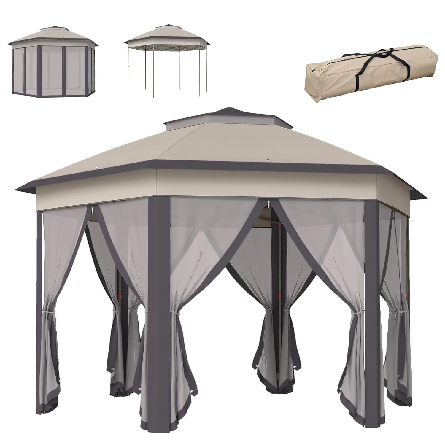 13x13ft Hexagonal Pop Up Gazebo Canopy with 6 Zippered Mesh Walls Steel Frame Patio Backyard Garden Wedding Party Tent, Custom