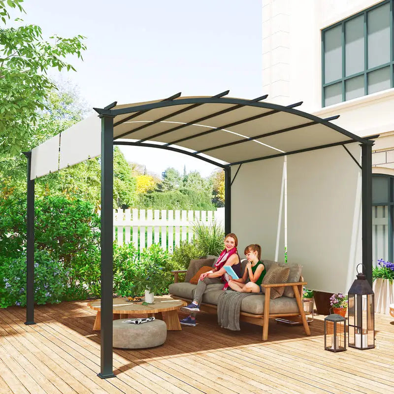 Outsunny 11' x 11' Outdoor Retractable Pergola Canopy for Backyard, Beige