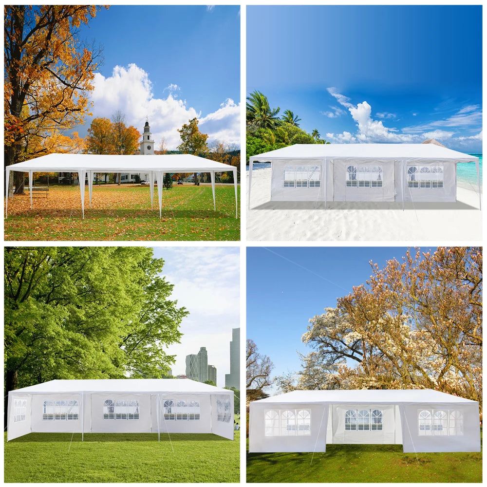 Tente de réception blanche 10'x30' avec 7 parois latérales amovibles, en tissu PE et structure en fer, abri de jardin imperméable avec fenêtres pour mariages, événements en extérieur, patios, ou comme abri commercial.