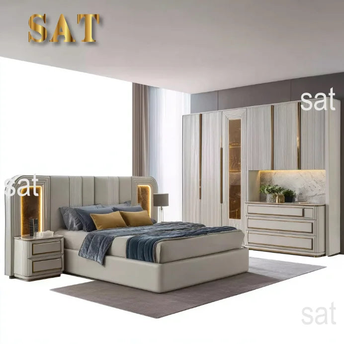 # Ensembles de chambre à coucher en cuir de luxe, lit double moderne avec rangement, pour appartement et hôtel, ensemble de meubles de chambre king size