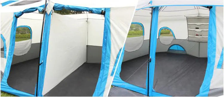 Outdoor Tent 2 Rooms Double Layer Family Camping Party 8-12 Persons Waterproof Windproof Top Rainfly Mesh Windows Portable Bag