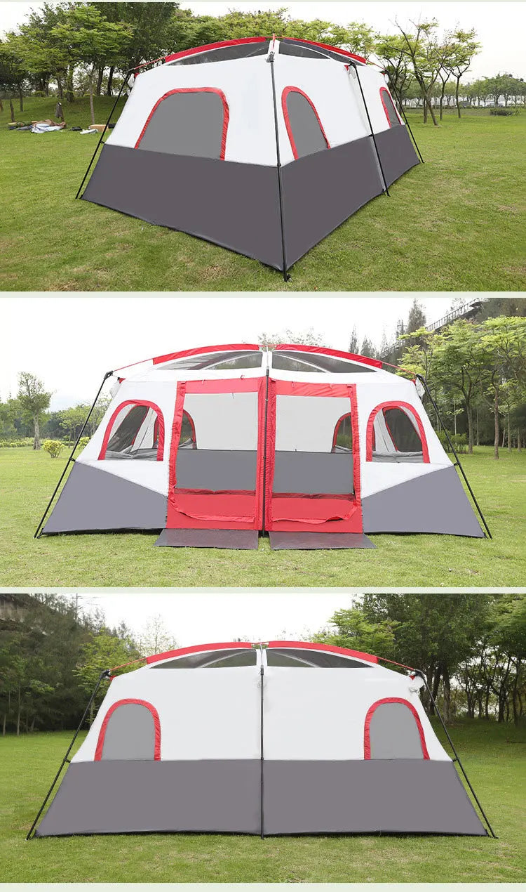 Outdoor Tent 2 Rooms Double Layer Family Camping Party 8-12 Persons Waterproof Windproof Top Rainfly Mesh Windows Portable Bag