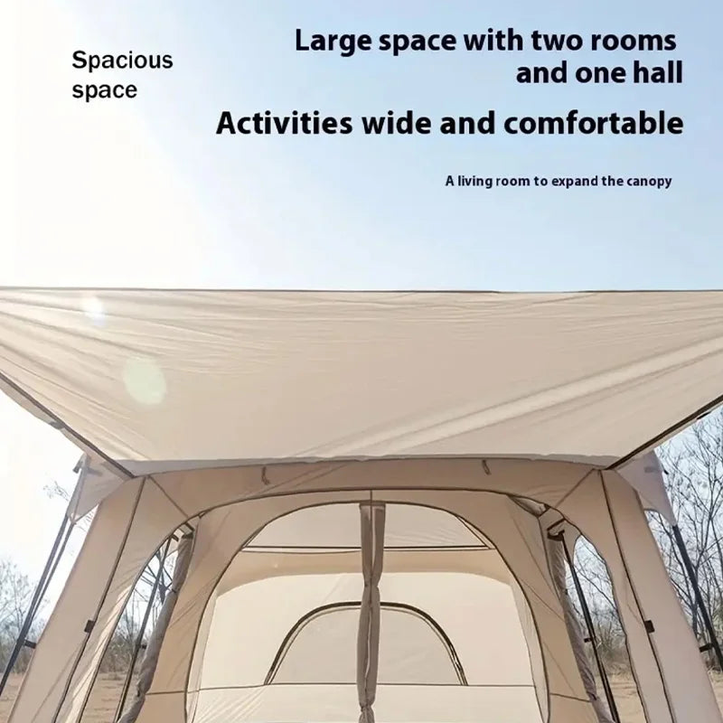 4/8/12-person large outdoor camping tent with a front awning; waterproof and UV-resistant. Features multiple mesh windows for excellent ventilation and mosquito protection; suitable for a variety of settings and all four seas