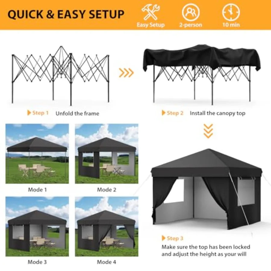 Outdoor party tent with 10x10 pop-up canopy, black polyester fabric, one-button push setup, 3-height adjustment, includes 4 sid