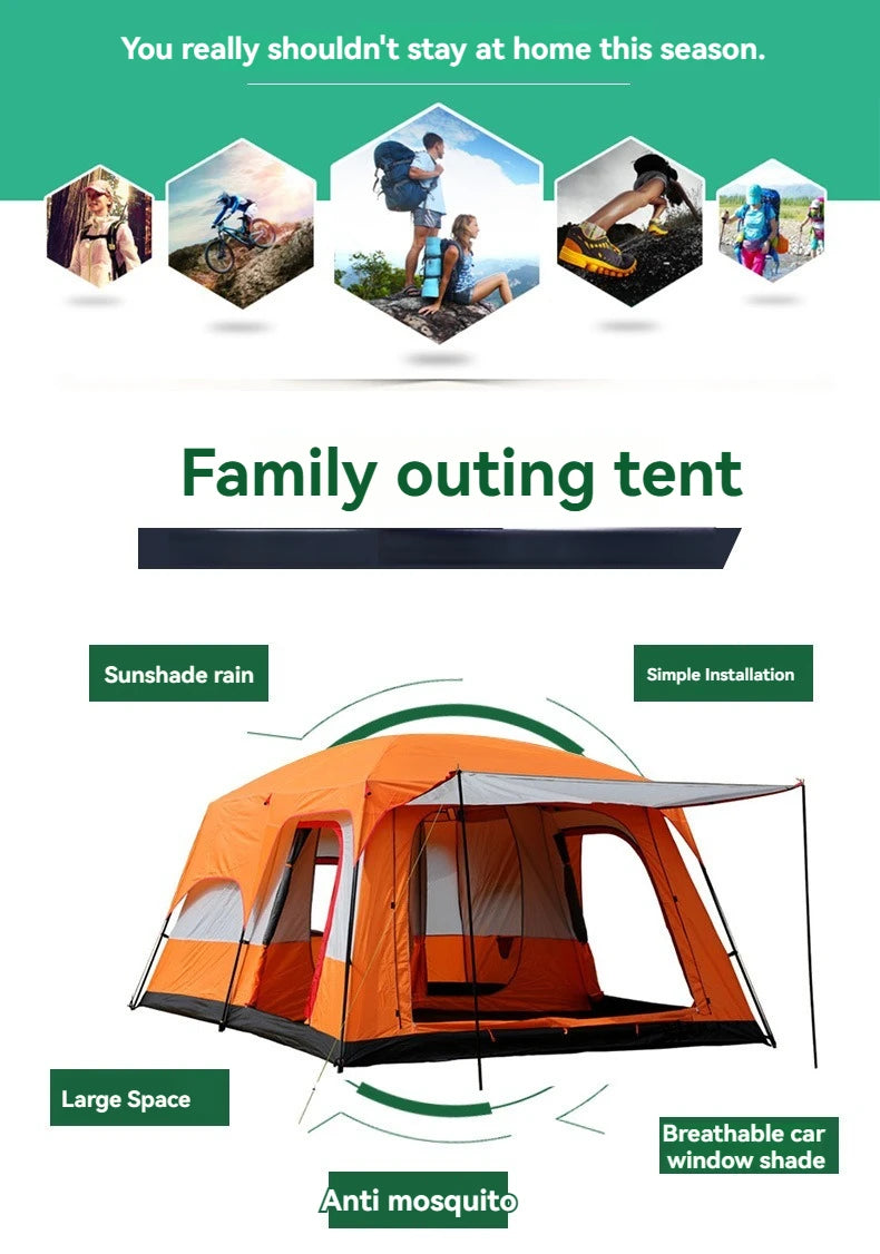 4/8/12-person outdoor family camping tent with a removable awning; spacious interior accommodates multiple people; multiple mesh windows provide ventilation and keep out mosquitoes; windproof, waterproof, and UV-resistant; su