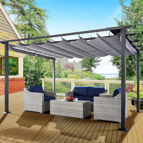 10' X 13' Outdoor Retractable Pergola Canopy for Deck, Backyard, Patio, Aluminum Pergola with Sun Canopy, Includes Ground Studs