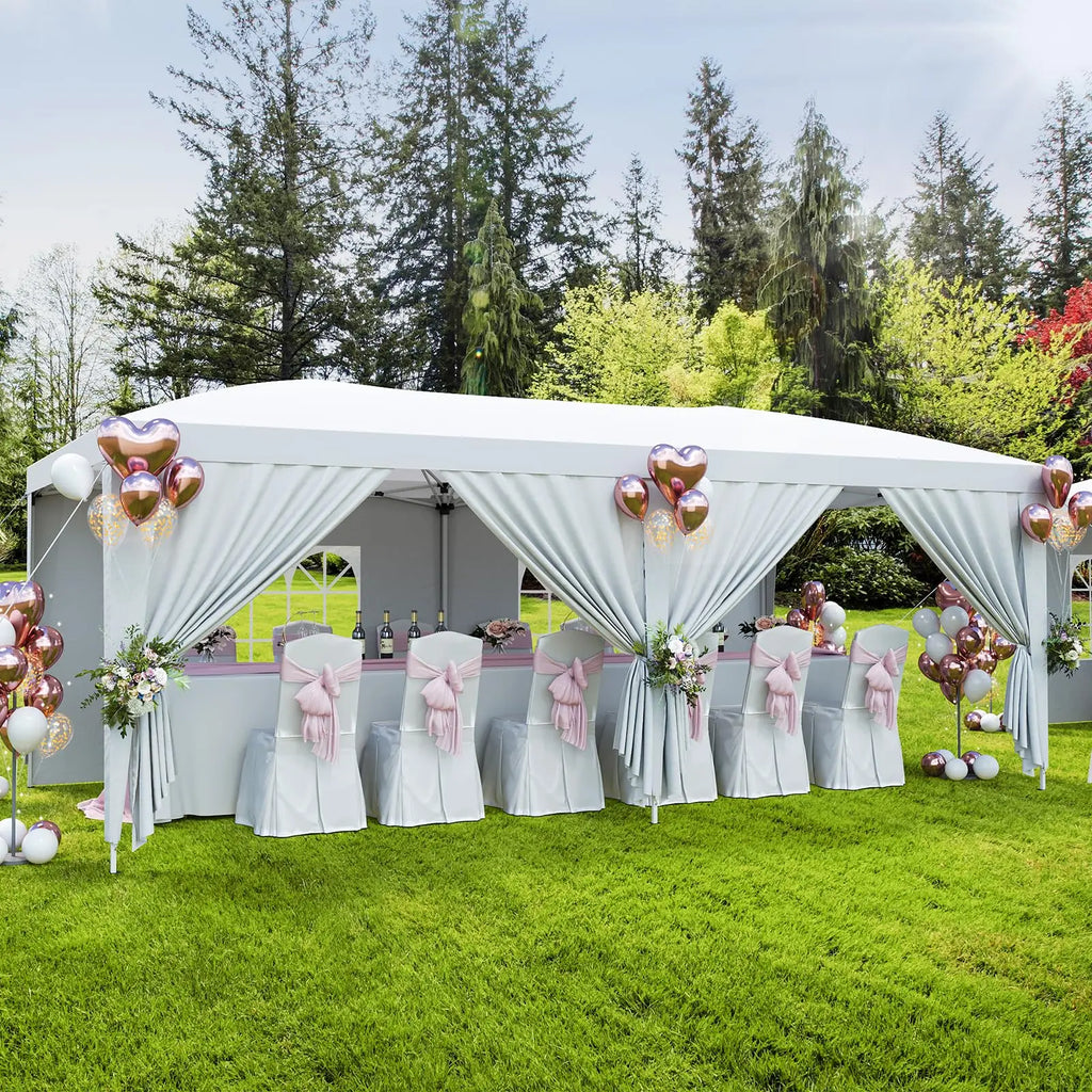 Tente pop-up 10x20 pieds, abri imperméable robuste avec 6 parois latérales amovibles, gazebo portable blanc pour fêtes, mariages, camping, jardin